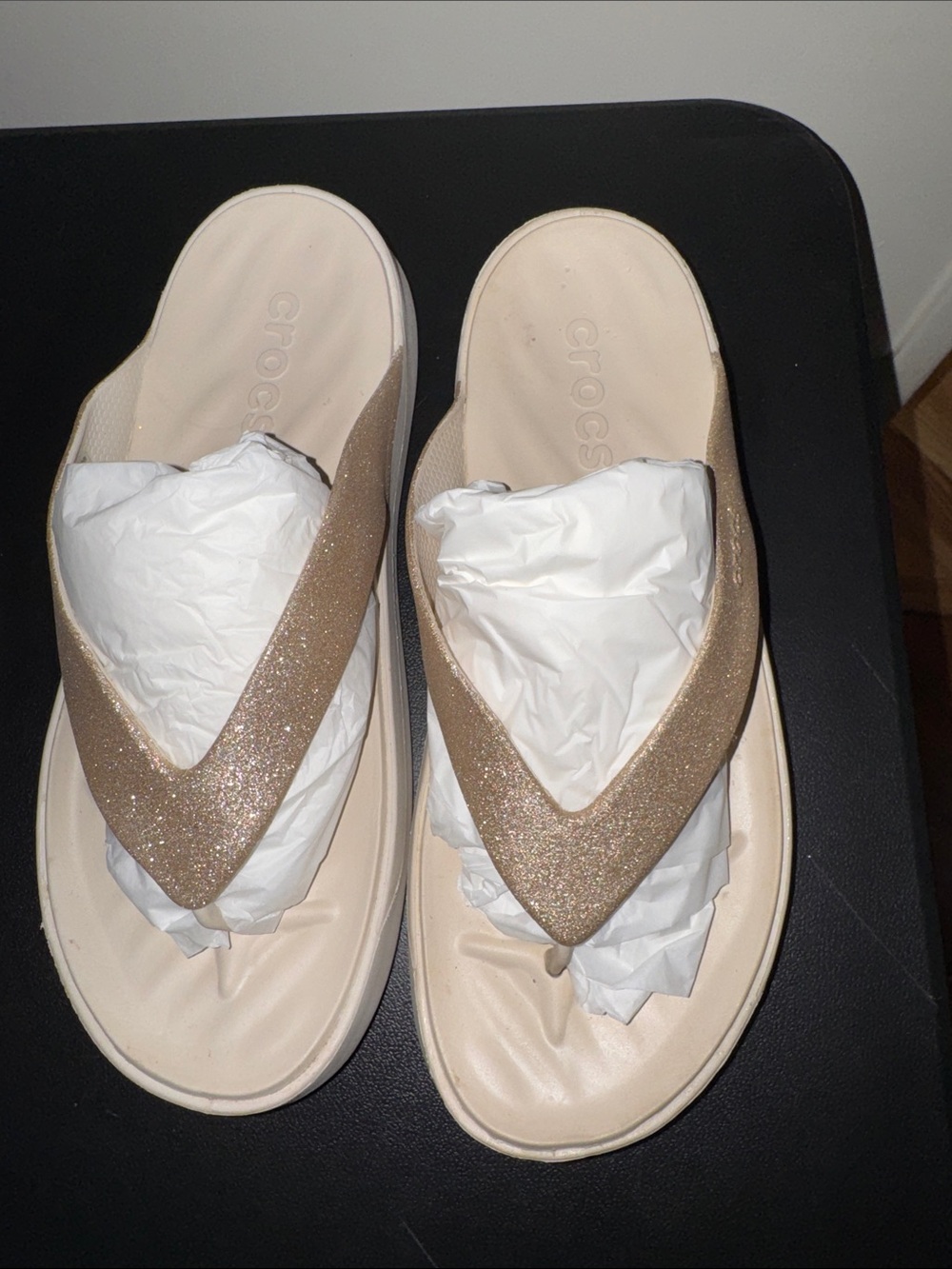 CROCS Getaway Glitter Flip Flop - Women's Sparkle Sandals in Light Beige